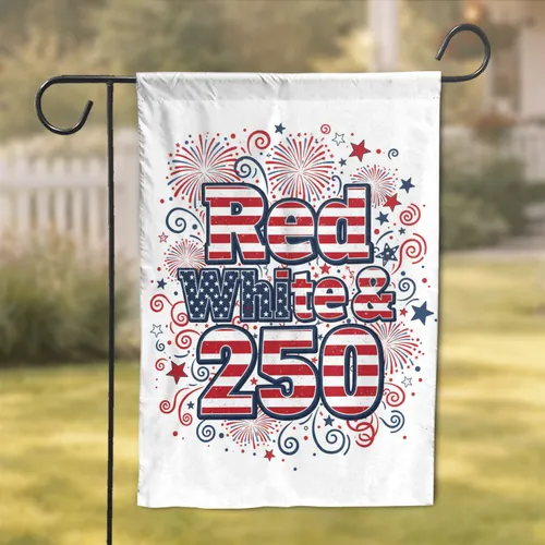 Red White & 250 Fireworks Stars - USA 250th Anniversary Independence Day Garden Flag