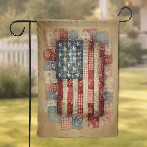 Muted Tone Vintage Patchwork American Flag Quilt - Americana Home Decor Gift Garden Flag