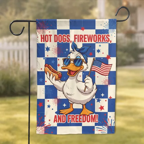 Patriotic Duck Hot Dog American Flag - Independence Day Celebration Gift Garden Flag