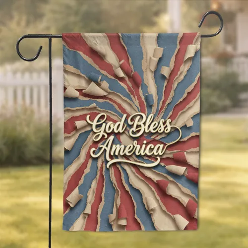 God Bless America Ripped Paper Collage - Patriotic Home Decor Gift Garden Flag