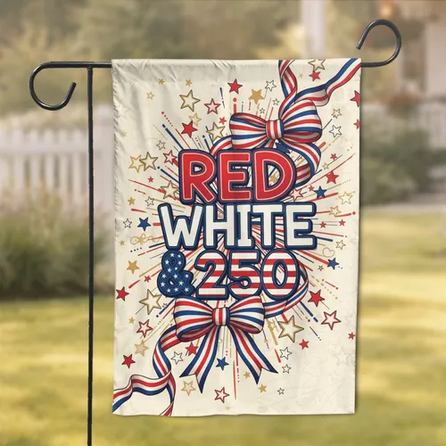 RED WHITE & 250 Text Patriotic Ribbon Stars - USA 250th Anniversary Independence Day Garden Flag