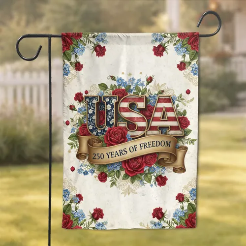 USA Floral Banner - 250 Years of Freedom Independence Day Celebration Garden Flag