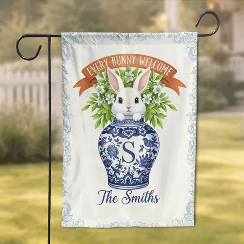 Fluffy White Bunny Chinoiserie Ginger Jar Custom Family Name and Letter - Home Decor Gift Garden Flag