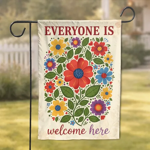 Red Flower Blue Heart Folk Art Floral - Everyone Is Welcome Home Decor Gift Garden Flag