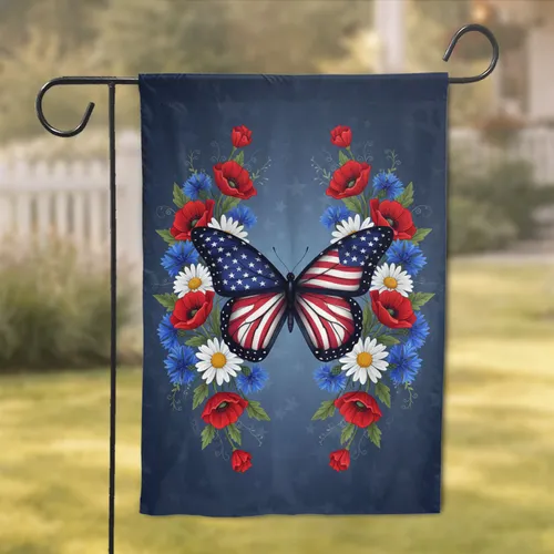 American Flag Monarch Butterfly Patriotic Flowers - Independence Day Decor Gift Garden Flag