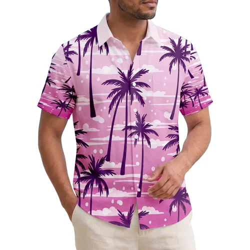 Fuchsia Pink Sky Silhouetted Palm Trees Wispy Clouds - Island Vacation Retreat Gift Hawaiian Shirt