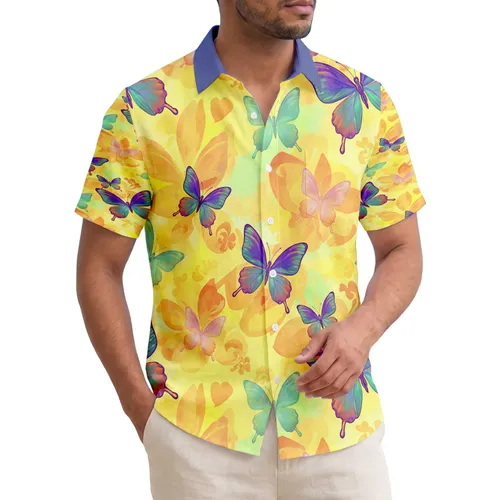 Teal Purple Orange Butterflies Tropical Flower Petals Broad Leaves - Tropical Lover Gift Hawaiian Shirt