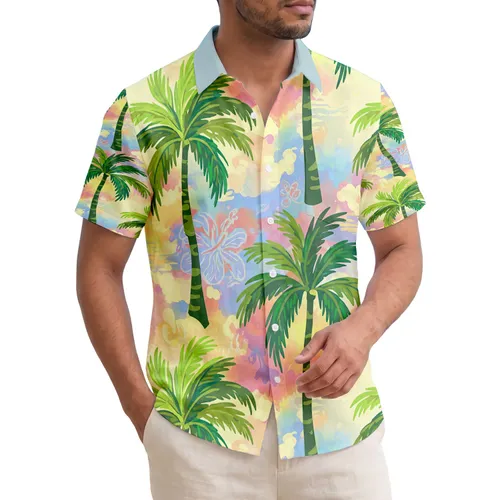 Tropical Hawaiian Palm Tree Trunks Expansive Fronds Distant Foliage Sky - Beach Vacation Gift Hawaiian Shirt