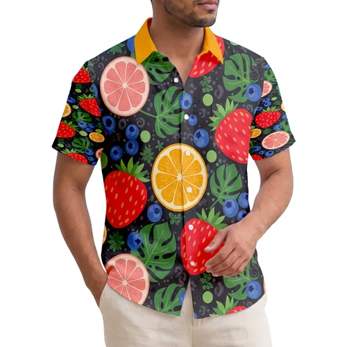 Strawberries Blueberries Orange Grapefruit Leaves Tropical Summer Gathering Hawaiian Shirt