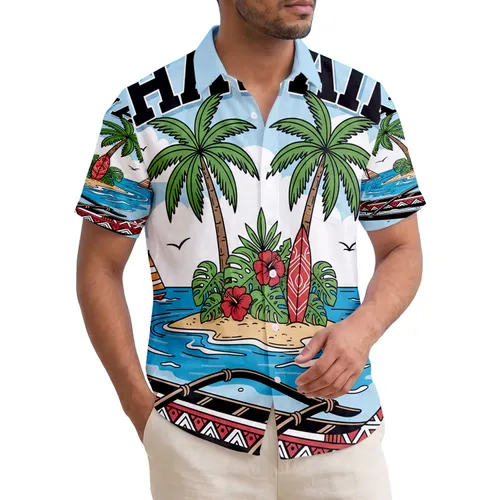 Hawaii Island Scene Outrigger Canoe Palm Trees - Tropical Vacation Home Decor Hawaiian Shirt