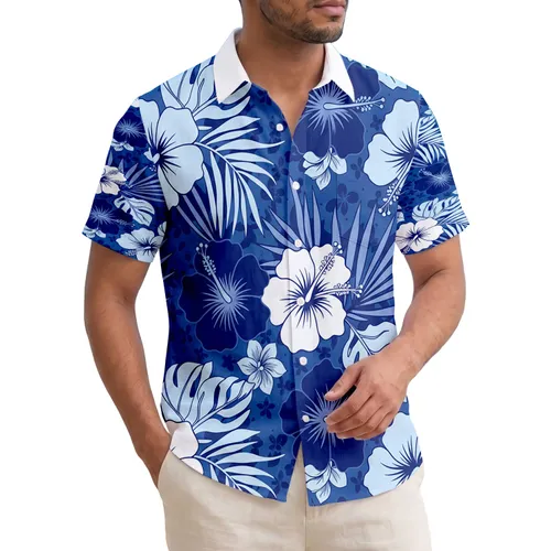 Large Hibiscus Flowers, Tropical Leaves, Small Floral Buds - Summer Beach Vacation Trip Hawaiian Shirt