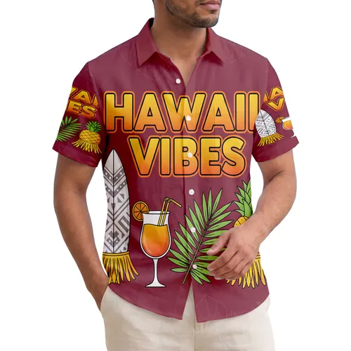 Hawaii Vibes Text Surfboard Cocktail Pineapple Palm Tropical Vacation Essentials Hawaiian Shirt