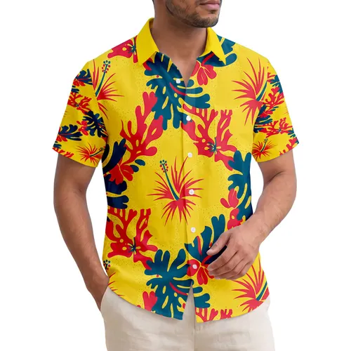 Hibiscus Flowers Yellow Red Blue Coral Leaves - Tropical Getaway Lifestyle for Beach Lover Hawaiian Shirt