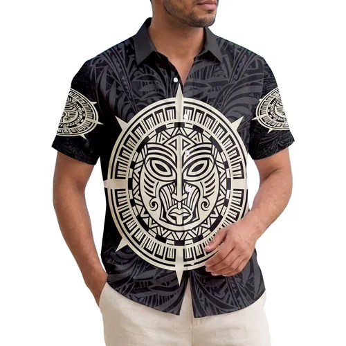 Polynesian Tribal Sun Mask Palm Fronds Geometric Lines - Tropical Lifestyle Gift Hawaiian Shirt
