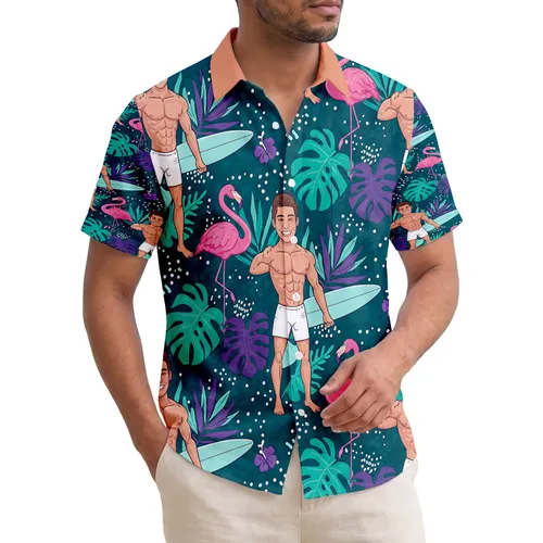 Smiling Surfer Man Flamingos Tropical Palm Monstera Leaves - Summer Beach Vacation Gift for Men Hawaiian Shirt