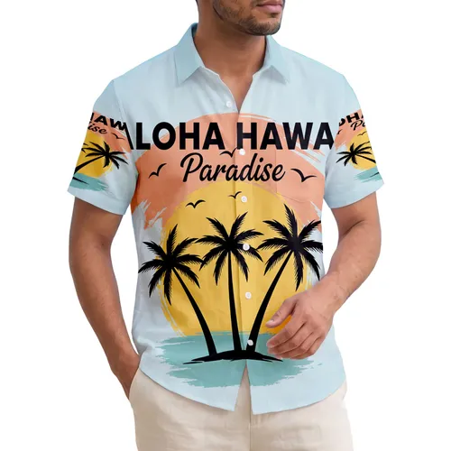 ALOHA HAWAII Paradise Palm Trees Sun Scene - Island Vacation Home Decor Gift Hawaiian Shirt