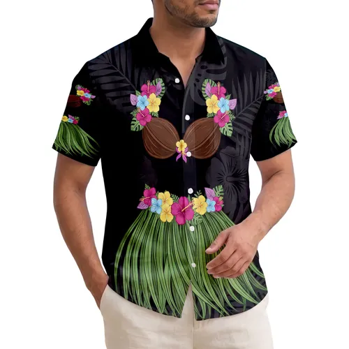 Vibrant Coconut Bra Hula Skirt Tropical Flowers Palm Hibiscus - Hawaiian Vacation Gift Hawaiian Shirt