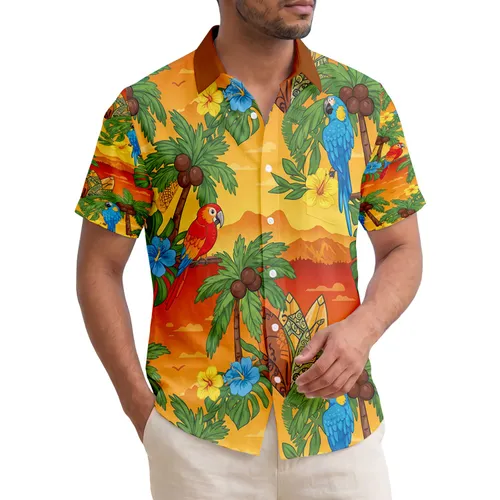 Macaw Parrot Coconuts Palm Trees Hibiscus Surfboard Sunset - Wildlife Home Decor Gift Hawaiian Shirt