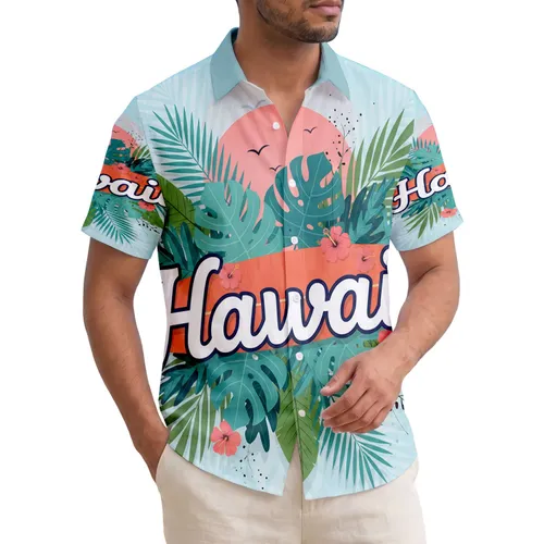 Hawaii Text Hibiscus Surfboard Palm Fronds Monstera - Island Lifestyle Gift Hawaiian Shirt
