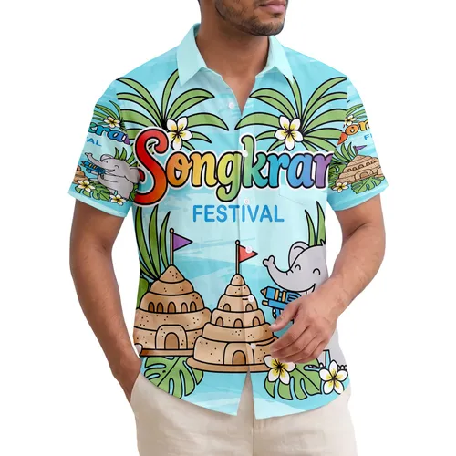 Cartoon Elephant Songkran Festival Sand Stupas Plumeria Palm Fronds - Tropical Festivity Gift Hawaiian Shirt
