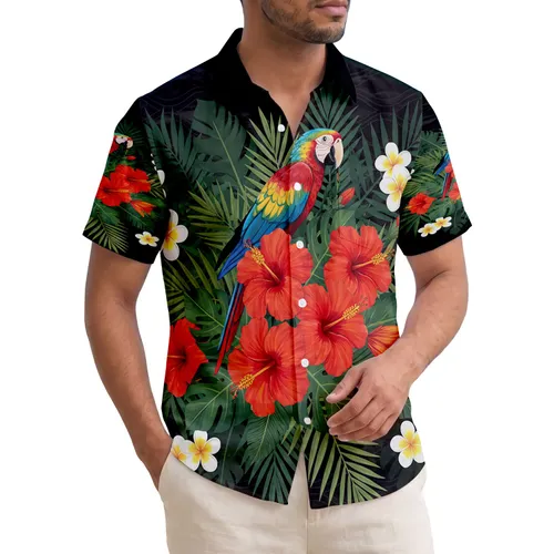 Red Orange Hibiscus Green Palm Macaw White Plumeria Dark Ocean Foliage - Travel Essentials Hawaiian Shirt