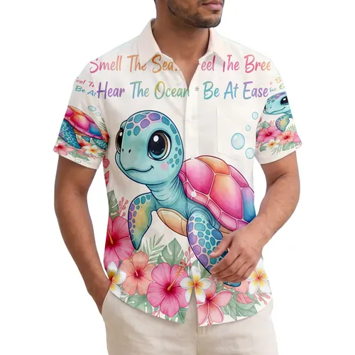 Cartoon Sea Turtle Hibiscus Plumeria Frangipani Ocean - Tropical Beach Life Gift Hawaiian Shirt