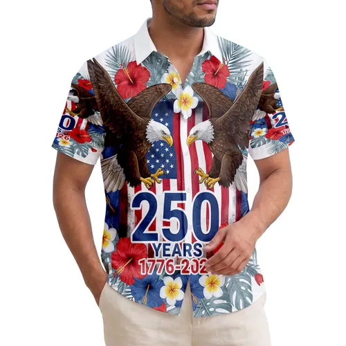 Bald Eagle American Flag Hibiscus Plumeria - USA 250th Anniversary Independence Day Hawaiian Shirt