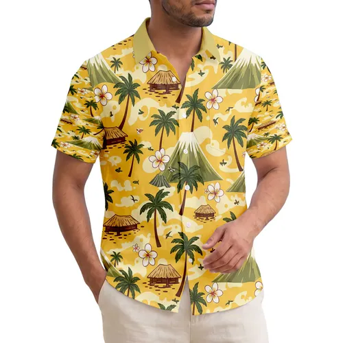 Palm Trees Volcanic Mountains Beach Huts Plumeria - Island Getaway Gift Hawaiian Shirt
