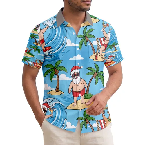 Santa Clauses Surfing Beach Reindeer - Tropical Christmas Holiday Gift Hawaiian Shirt