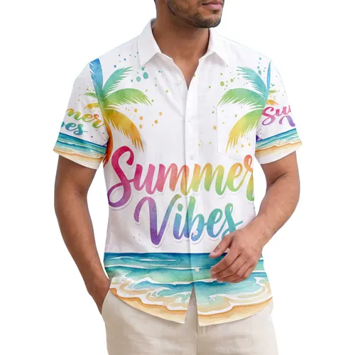 Summer Vibes Rainbow Palm Trees Ocean Beach - Tropical Season Vacation Gift Hawaiian Shirt