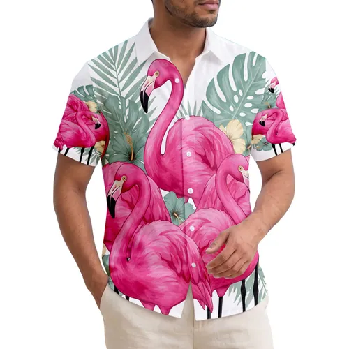 Pink Flamingos Tropical Hibiscus Palm Fronds with Water Ripples - Wildlife Lover Gift Hawaiian Shirt