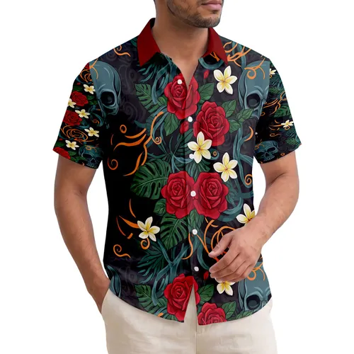 Blue Skulls Red Roses Plumeria Flowers Tropical Leaves Golden Feathers - Island Lover Gift Hawaiian Shirt