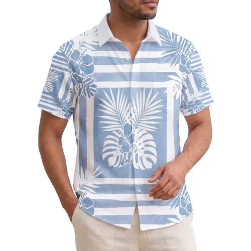 Tropical Botanical Leaves Vines Light Blue White Checkerboard Home Decor Gift Hawaiian Shirt