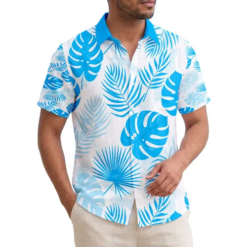 Monstera Palm Fronds Blue White Tropical Foliage - Beach Vacation Housewarming Gift Hawaiian Shirt