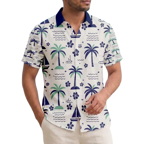 Tropical Palm Trees Sailboats Single Tree Island Ocean Floral - Summer Vacation Gift Hawaiian Shirt