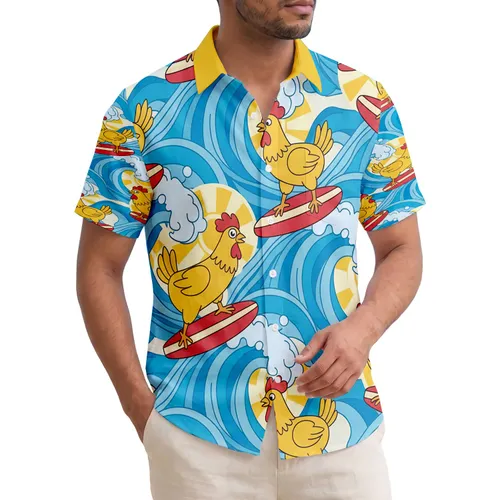 Surfing Chickens Red Surfboards Ocean Waves Sun - Tropical Beach Lifestyle Gift Hawaiian Shirt