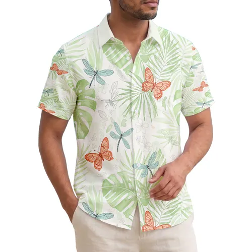 Broad Palm Fronds Detailed Leaves Tropical Butterflies Dragonflies - Relaxed Lifestyle Gift Hawaiian Shirt
