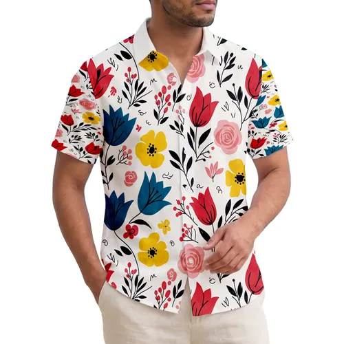 Tropical Red Blue Yellow Poppies Pink Blooms Leaves Berry Clusters Everyday Essentials Hawaiian Shirt