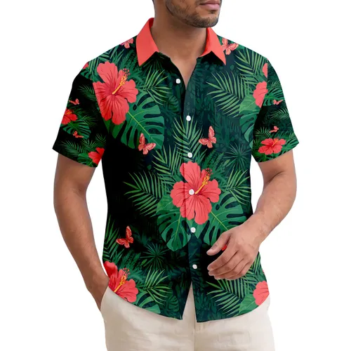 Hibiscus Butterflies Monstera Palm Leaves Tropical Home Decor Gift Hawaiian Shirt