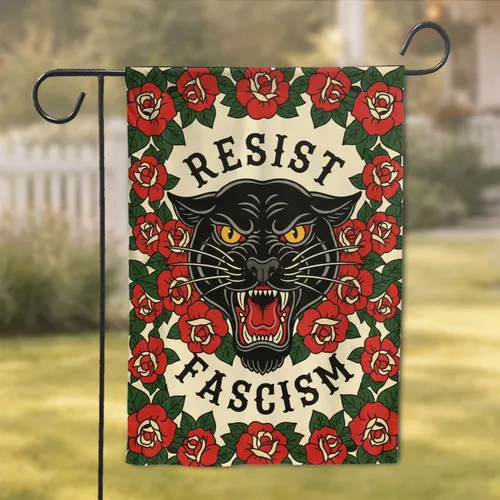 Roaring Black Panther Head Red Roses Resist Fascism - Freedom Lover Home Decor Garden Flag