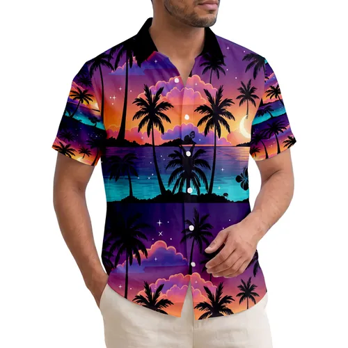 Palm Trees Glowing Clouds Star Sparkles Sunset Ocean Crescent Moon Tropical Getaway Gift Hawaiian Shirt