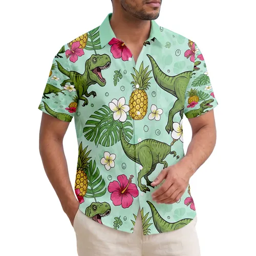 T-Rex Dinosaurs Palm Fronds Pineapples Plumeria Hibiscus - Tropical Dinosaur Lover Gift Hawaiian Shirt