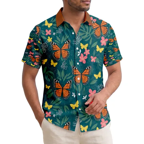 Tropical Butterflies Pink Flowers Green Leaves - Home Decor Gift Hawaiian Shirt