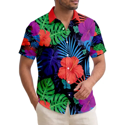 Large Hibiscus Monstera Palm Foliage Black Background - Vacation Style Decor Hawaiian Shirt
