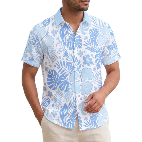 Hibiscus Flowers Tropical Floral Leaves Fronds White Blue - Home Decor Gift Hawaiian Shirt