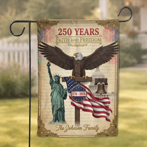 Bald Eagle American Flag Liberty Shield - 250th Anniversary Faith Freedom Custom Family Name Garden Flag