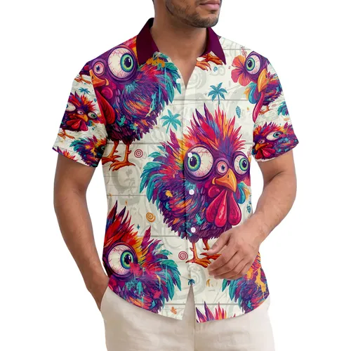 Distressed Chickens Tropical Hibiscus Palm Fronds - Island Vacation Home Decor Gift Hawaiian Shirt