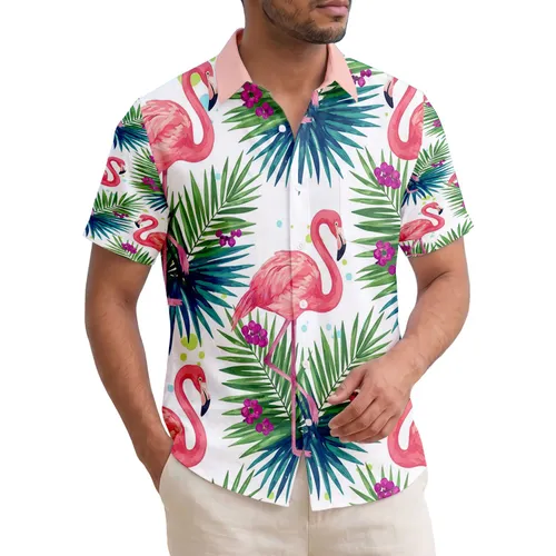 Pink Flamingos Palm Fronds Teal Leaves Berries - Island Getaway Vacation Gift Hawaiian Shirt
