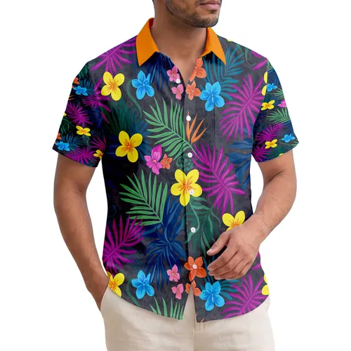 Lush Palm Leaves Variegated Tropical Foliage Yellow Blue Flowers - Vacation Lifestyle Gift Hawaiian Shirt