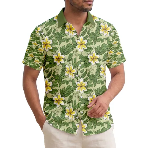 Bright Yellow Plumeria Daisies Green Leaves Floral Cluster - Tropical Home Decor Gift Hawaiian Shirt